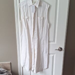 Sleeveless White Button-Up Shirt Dress Linen Blend Loose Fit